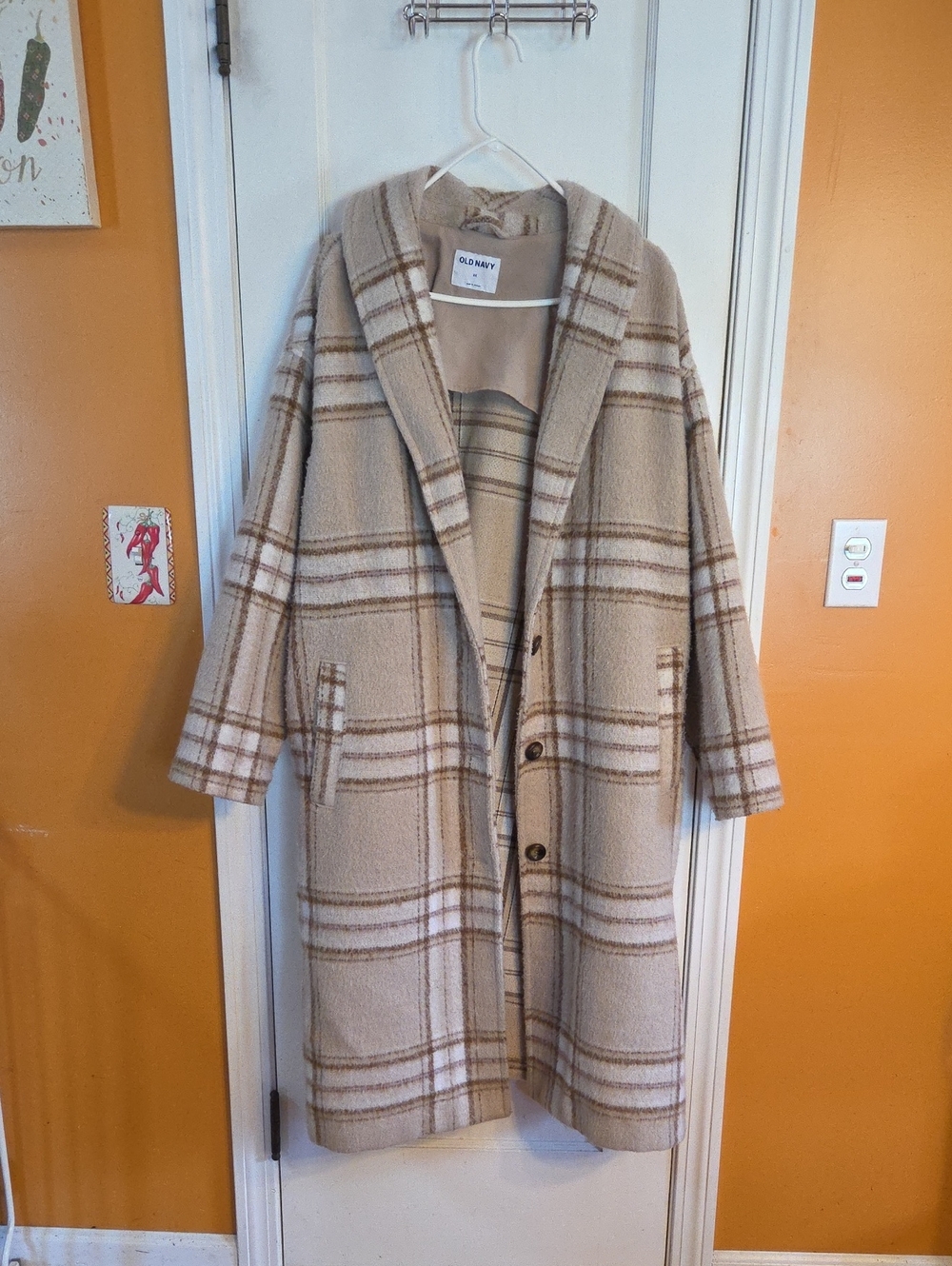 Old Navy Beige Plaid Hooded Peacoat